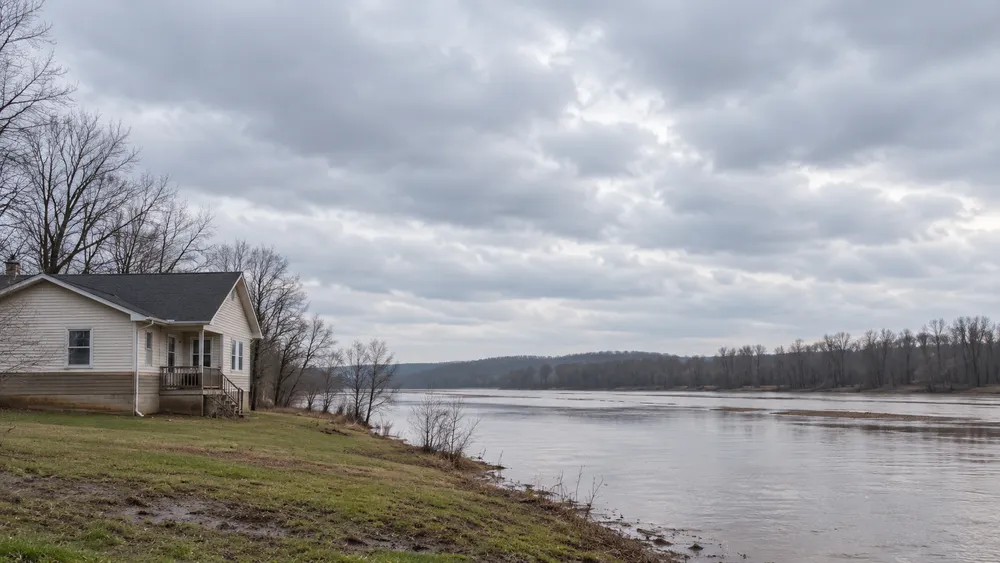 Illustrative Indiana home beside receding floodwater under an overcast sky.