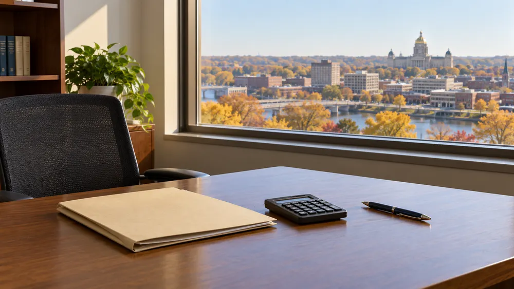 AI-generated illustration of a quiet generic state-government budget office overlooking an Iowa city; not a photograph of the revenue conference or an actual official.