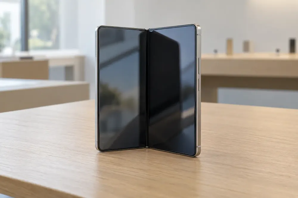 An unbranded book-style foldable smartphone partially open on a light wood retail display table.