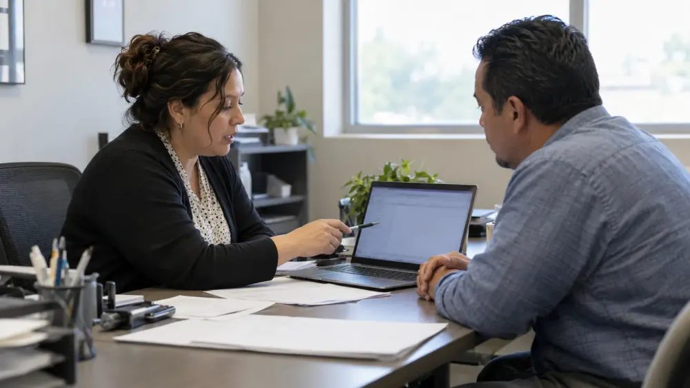 A tax preparer and client review information on a laptop in an office