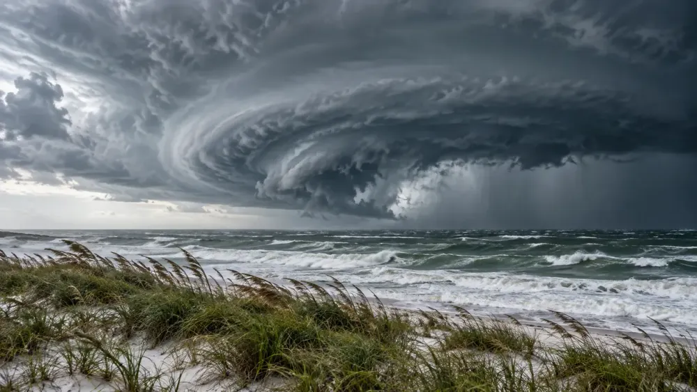Nuvens escuras de tempestade e ondas agitadas a aproximarem-se da costa do Golfo, varrida pelo vento