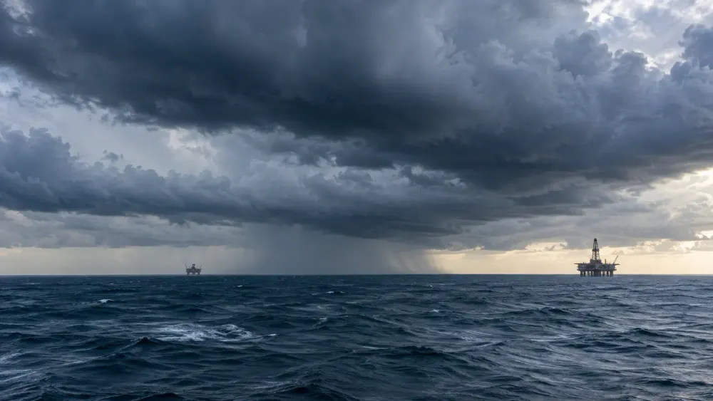 Imagem editorial gerada por IA de nuvens escuras de tempestade tropical sobre as águas do Golfo, com duas plataformas de energia offshore distantes.
