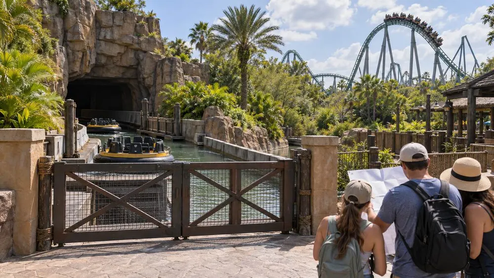 Illustrative generated image of visitors reviewing a map beside an inactive generic river ride at a tropical adventure park.