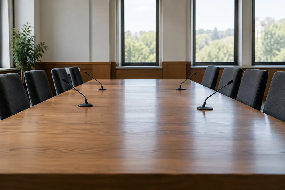 AI-generated illustrative image of an empty conference room with tabletop microphones; not a photograph of the Tampa talks.