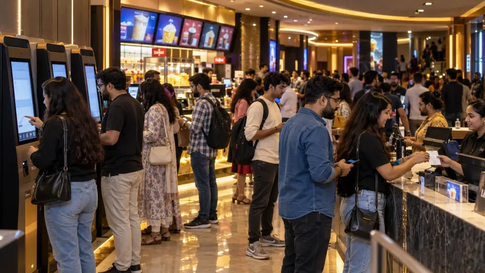 Espectadores a comprar bilhetes antecipadamente num cinema indiano moderno antes do lançamento de um grande filme