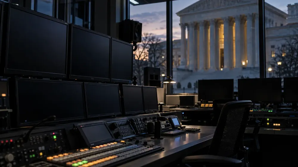 Darkened television control-room monitors with a federal courthouse visible through the windows at dusk