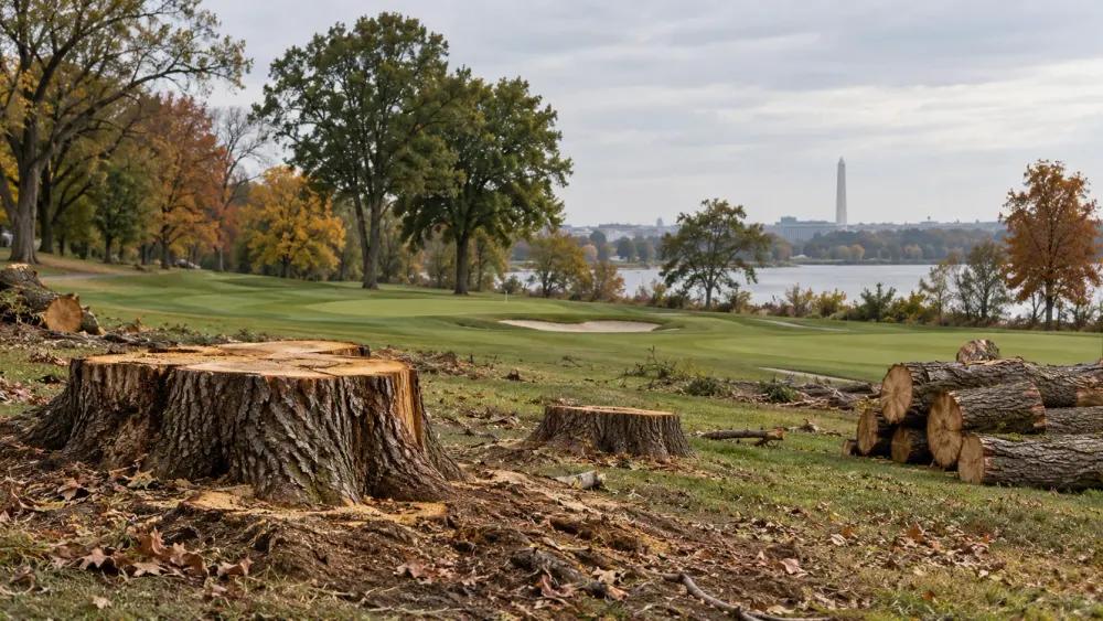 AI-generated editorial view of tree stumps and remaining trees at a public golf course near the Washington Monument.