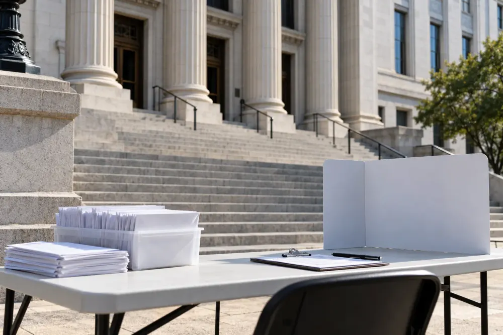 Sealed ballot envelopes and an election privacy screen sit outside a generic federal courthouse.