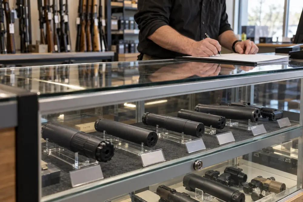 Os silenciadores de armas de fogo são exibidos em segurança numa vitrina de vidro enquanto um vendedor preenche a documentação atrás do balcão.