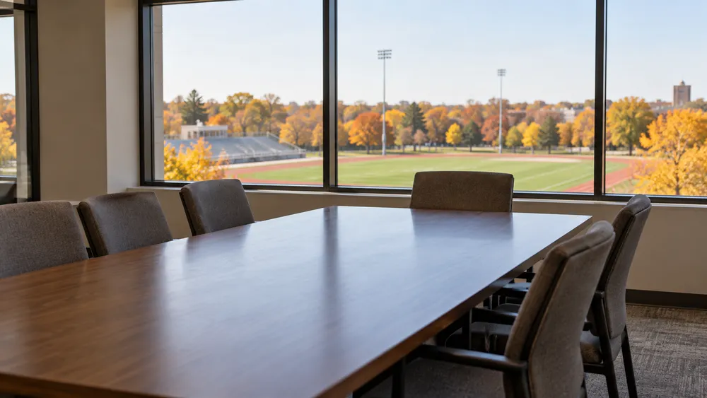 AI-generated illustration of an empty generic university athletics meeting room overlooking an unbranded sports field in Kansas; not a photograph of a specific campus or board meeting.