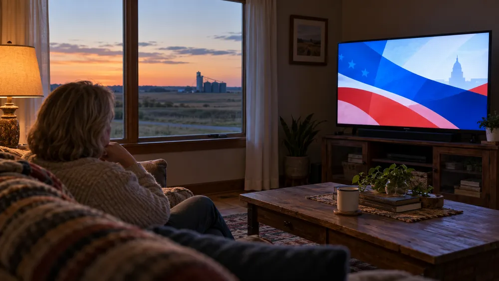 A Kansas living room television displays abstract political-ad colors beside a window overlooking open prairie.