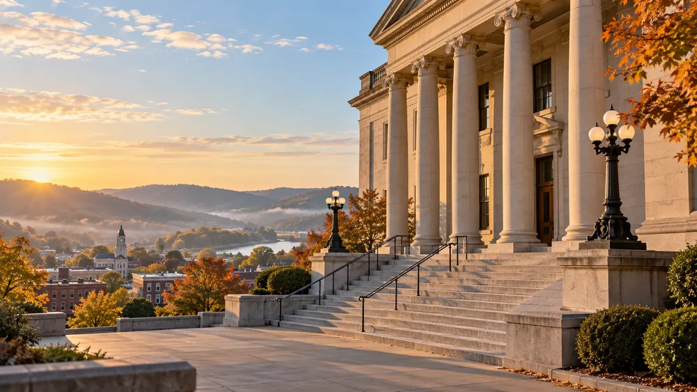 Illustrative exterior of a generic Kentucky courthouse in soft autumn morning light.