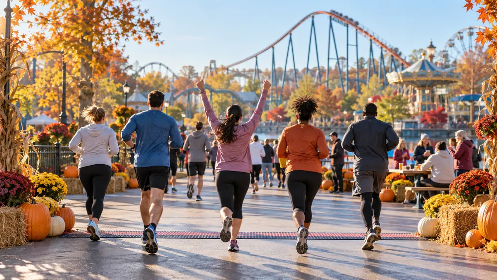 Recreational runners cross a generic finish area inside an autumn-decorated amusement park on a bright morning.