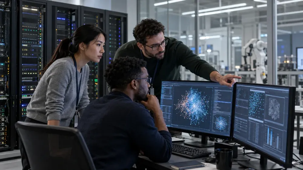 Cybersecurity researchers evaluate an artificial intelligence model beside secure computing racks in a laboratory.