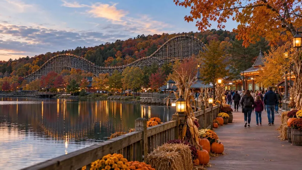 An autumn-decorated New England lakeside amusement park with a wooden roller coaster at dusk
