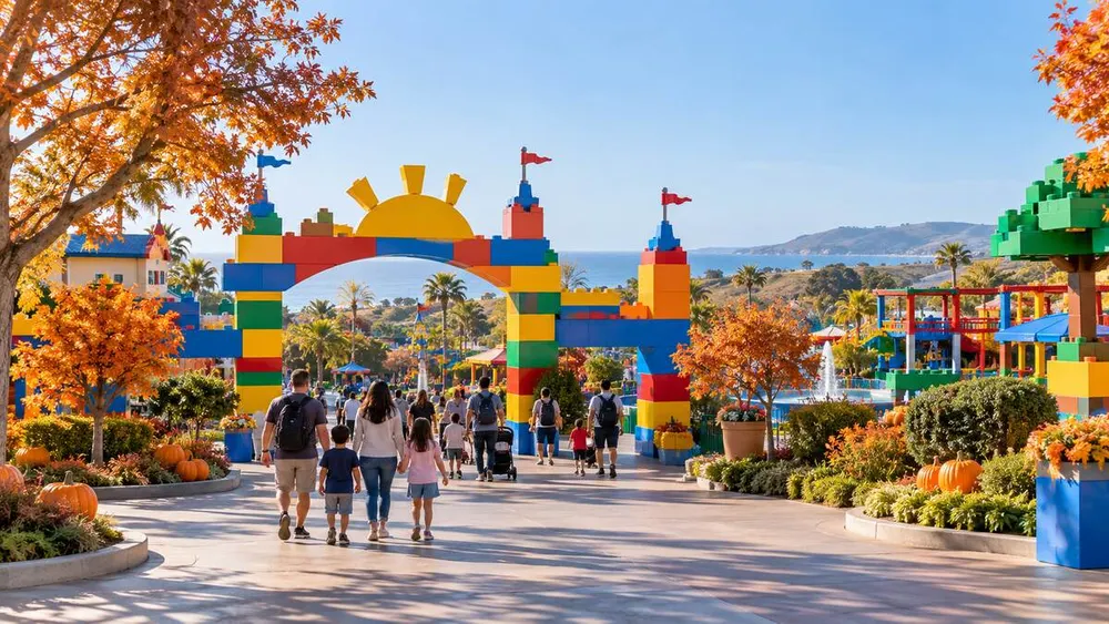 Families walking through a colorful brick-built amusement park decorated for autumn in coastal Southern California