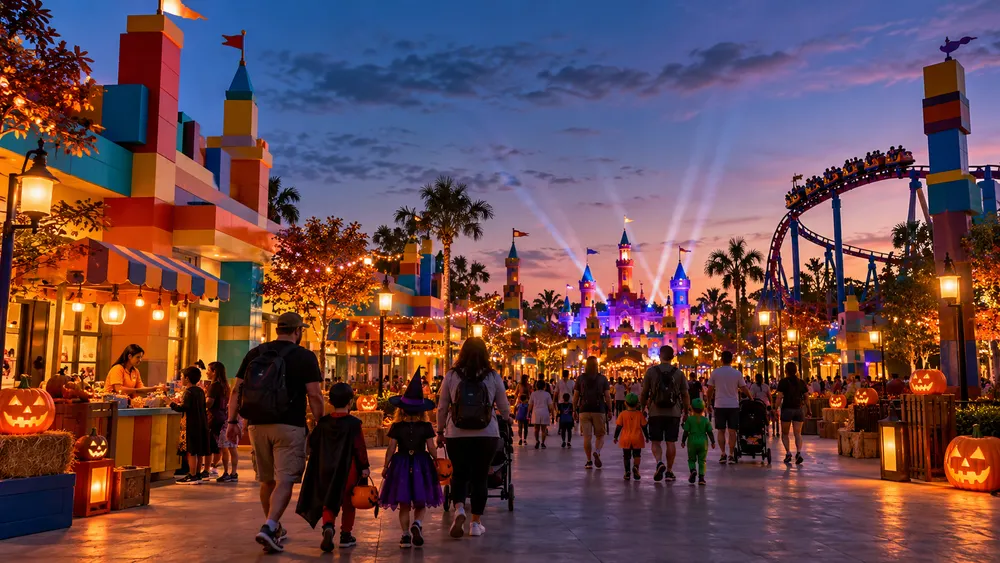 Families enter a generic block-themed Florida amusement park decorated for a Halloween evening.