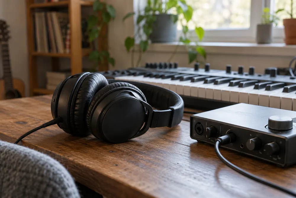 AI-generated conceptual image of headphones and audio equipment in a small music workspace; not a photograph of Spotify’s unreleased remix tool.