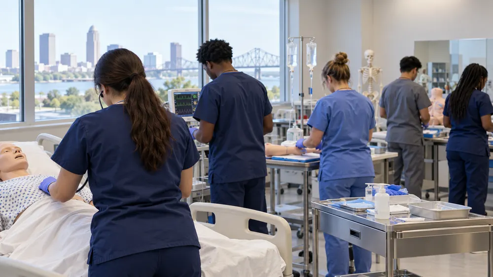 Illustrative view of anonymous nursing and allied-health students training in a clinical simulation classroom.