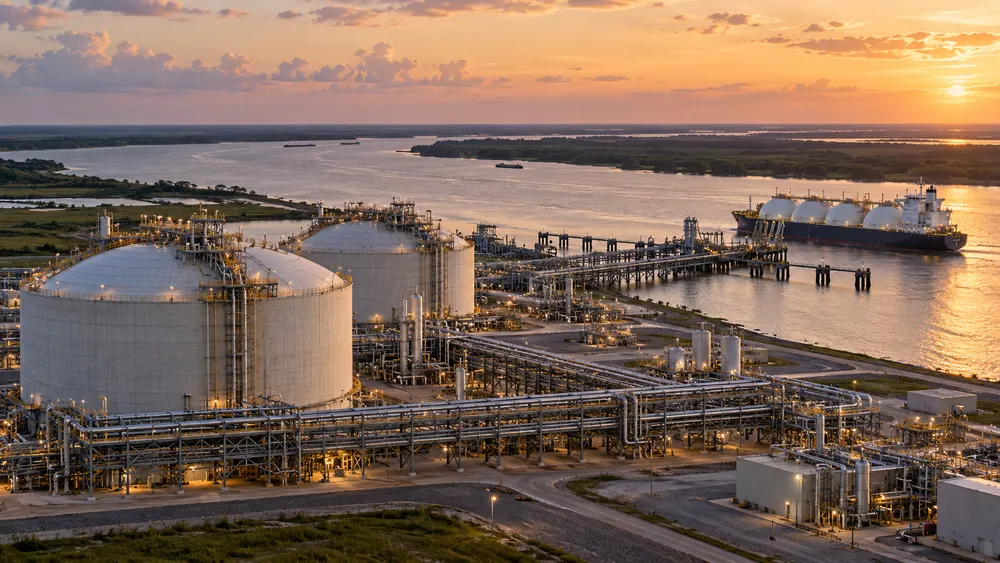 Illustrative view of a generic LNG export terminal beside a broad Louisiana river channel.