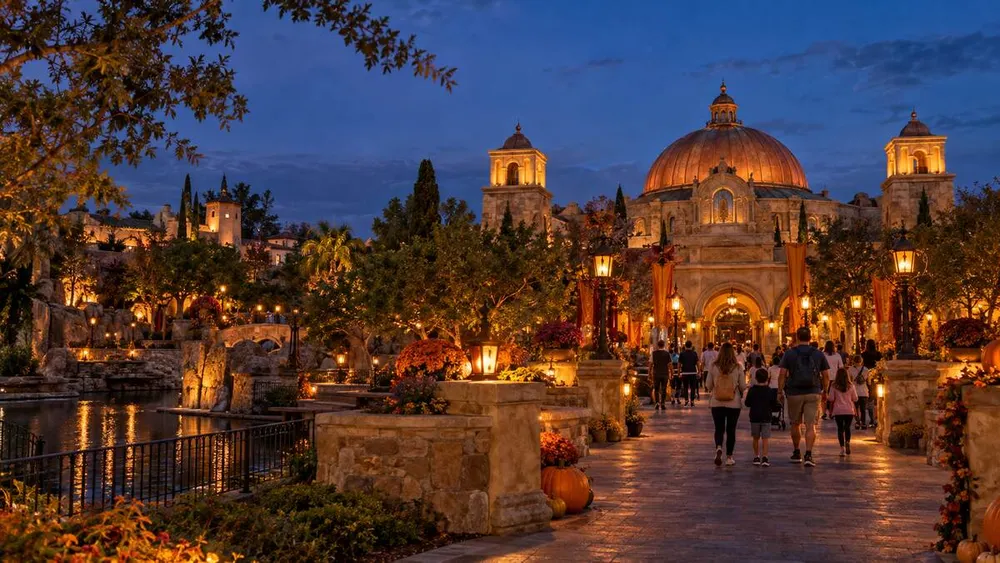 Families approaching an original domed fantasy palace in a Central Florida theme park decorated for autumn at twilight