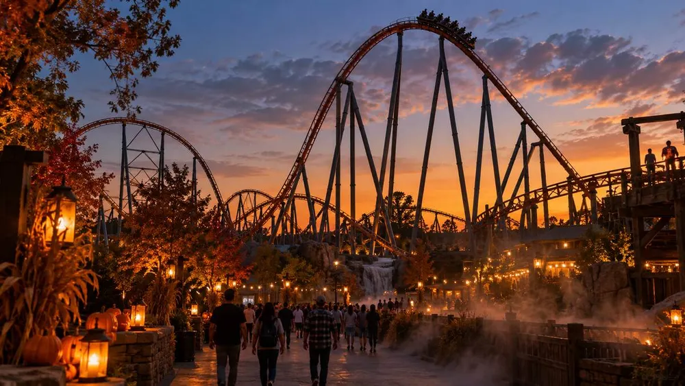 A large steel roller coaster above an autumn-decorated theme park midway at dusk in Southern California