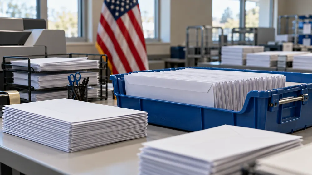 Illustrative view of sealed ballot envelopes organized in a secure election-office workspace.