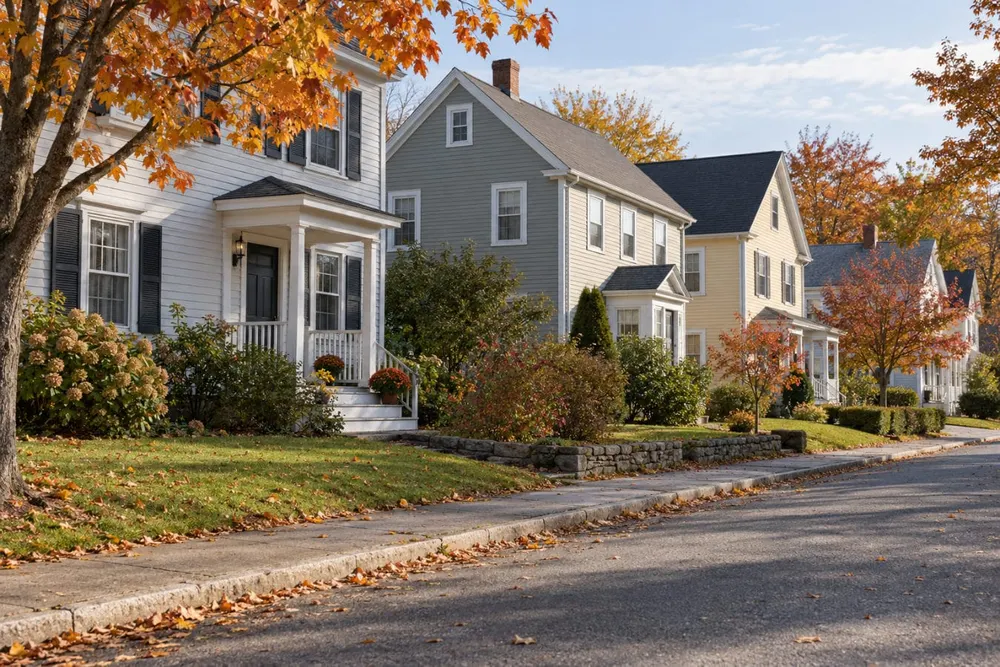 AI-generated illustration of modest New England homes along a quiet residential street; not a photograph of a specific Maine property or campaign event.