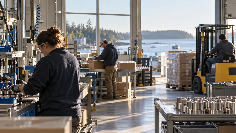 Illustrative view of anonymous workers in a clean Maine manufacturing and logistics workplace.