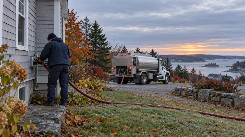 A Maine home and heating-oil delivery equipment on a cool autumn morning, illustrating winter fuel costs.