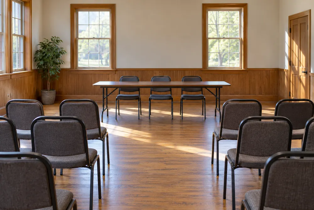 AI-generated illustration of a quiet, generic civic meeting room with empty chairs; not a photograph of a Maryland hate-bias incident or public meeting.