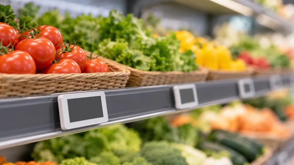 A modern grocery shelf with blank digital price displays, illustrating Maryland's personalized-pricing restrictions.