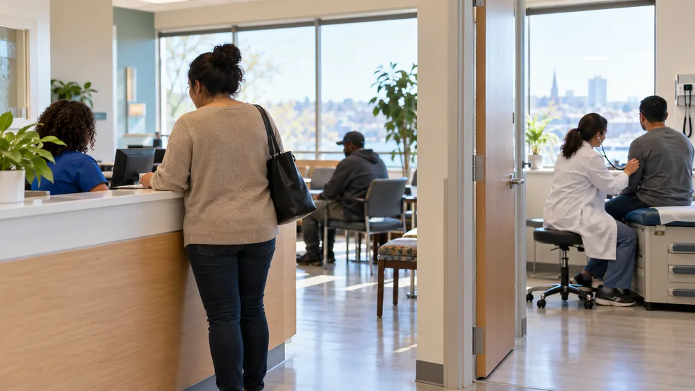 Illustrative view of anonymous clinicians assisting patients at a Maryland community health center.
