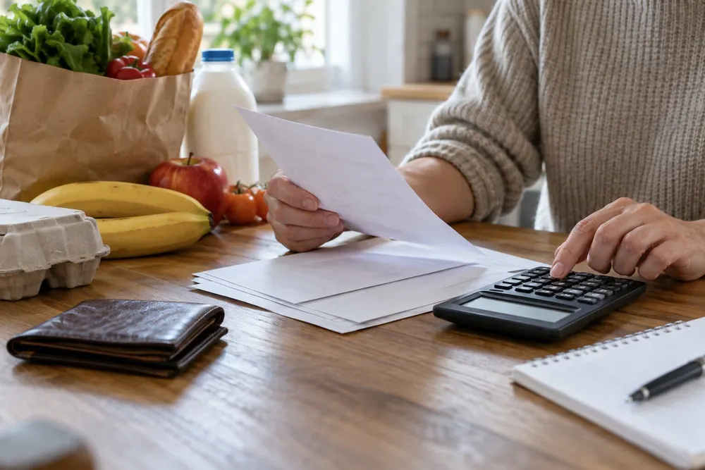 Hands reviewing blank household paperwork beside groceries, a wallet and a calculator on a kitchen table