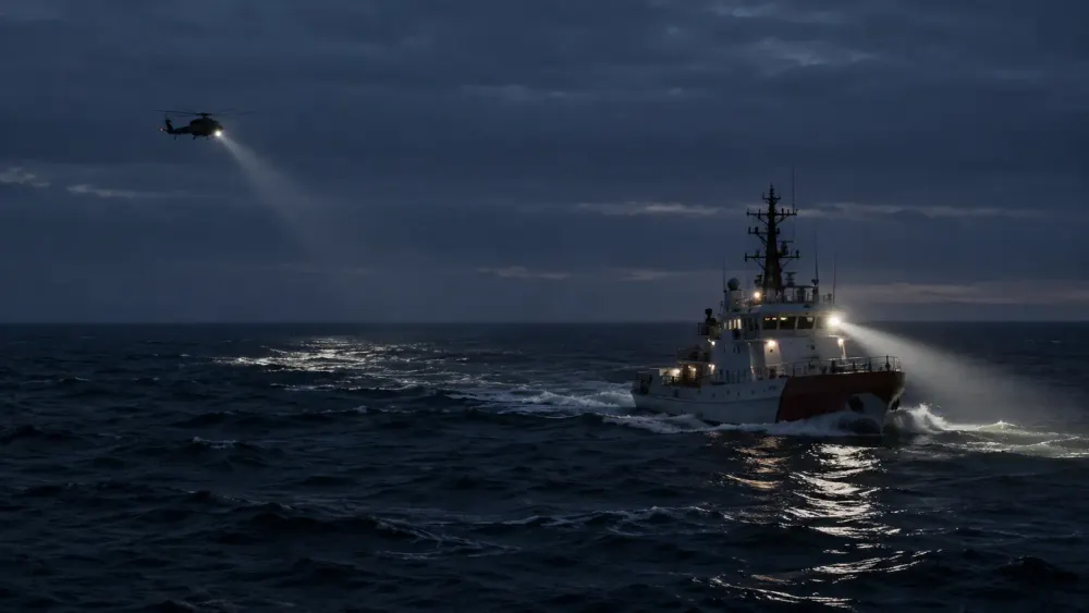 A rescue cutter and helicopter search the dark Atlantic Ocean at dawn in a photorealistic editorial image.