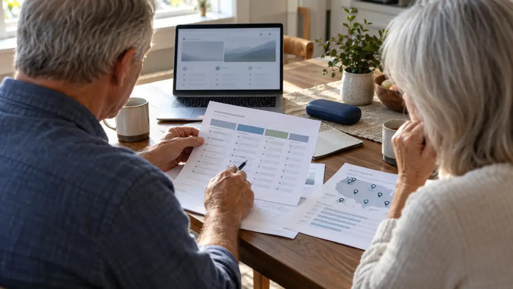 Older adults compare generic Medicare plan information at a kitchen table.