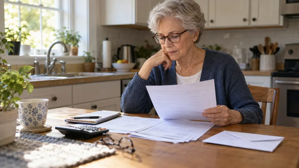 Older woman reviewing healthcare paperwork and household finances at a kitchen table