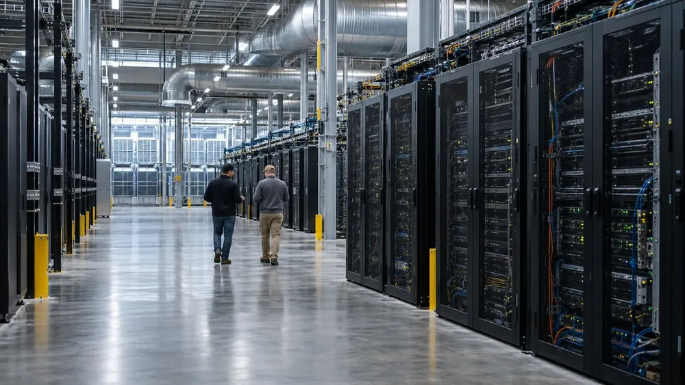 AI-generated editorial view of engineers walking through an unbranded hyperscale data center.