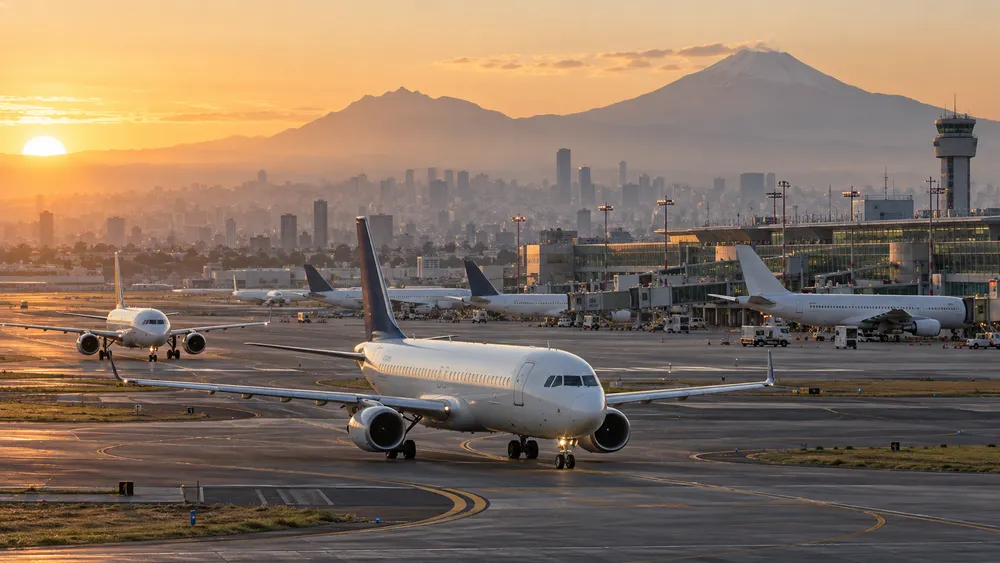 Illustrative view of generic passenger aircraft taxiing at a Mexico City airport
