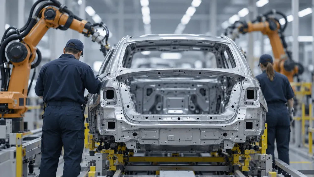 Anonymous autoworkers stand beside an unbranded vehicle body on a modern Michigan assembly line in an editorial illustration.