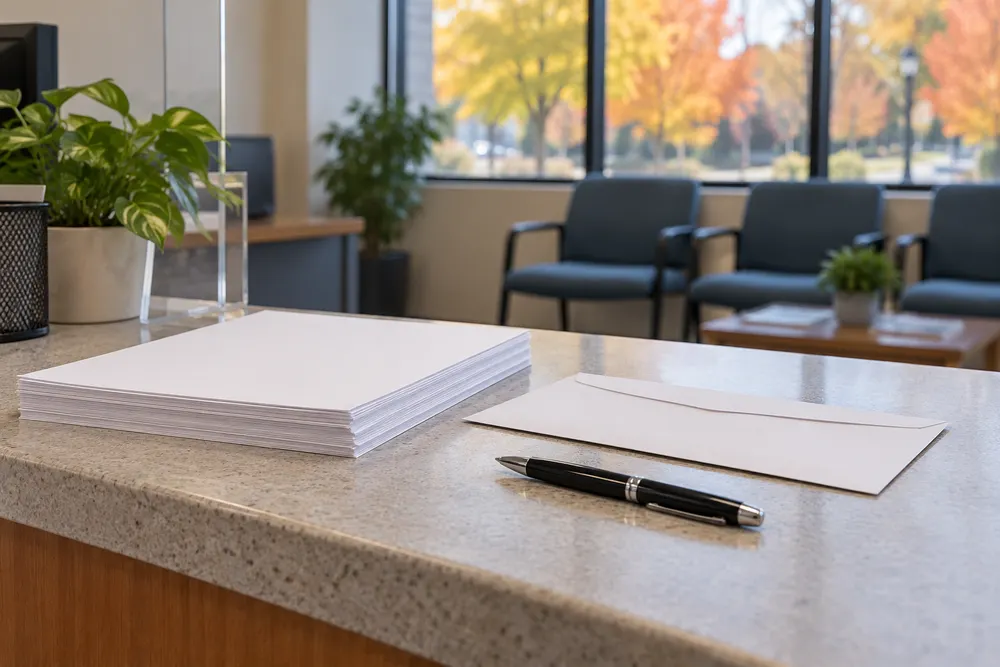 AI-generated illustration of blank forms and a pen on a municipal service counter; not an actual Michigan election office, ballot or registration document.