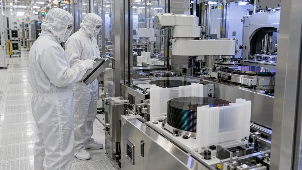 Cleanroom technicians monitor semiconductor wafer-processing equipment.