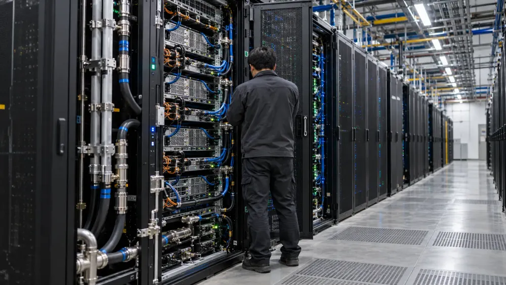 An engineer inspects liquid-cooled, unbranded computer racks inside a modern data center.