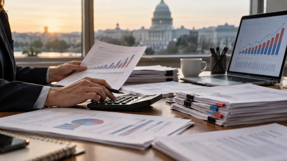An analyst reviews campaign finance records and charts with the U.S. Capitol in the background.