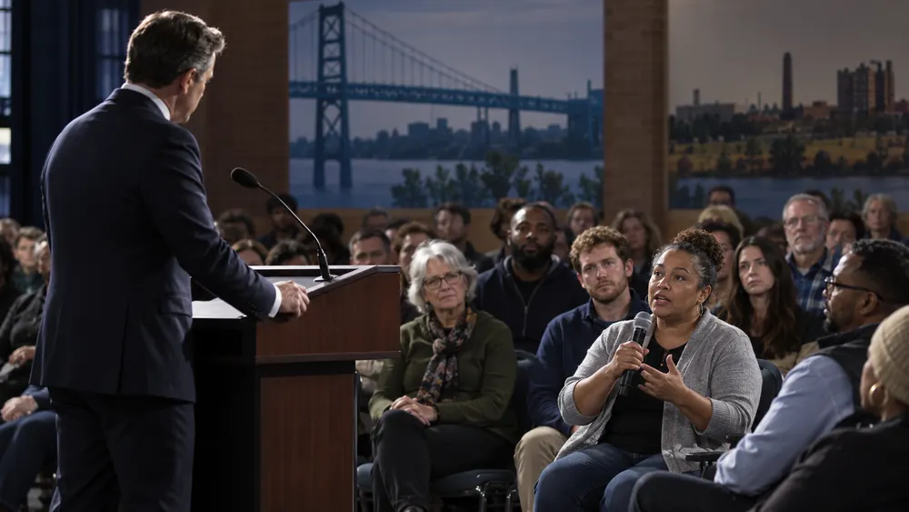 Illustrative image of a government official listening to a voter at a civic town hall