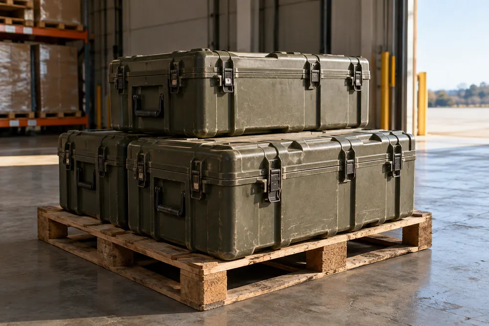 AI-generated illustrative image of unmarked olive-drab equipment cases on a pallet in a generic warehouse; not an actual missile shipment.