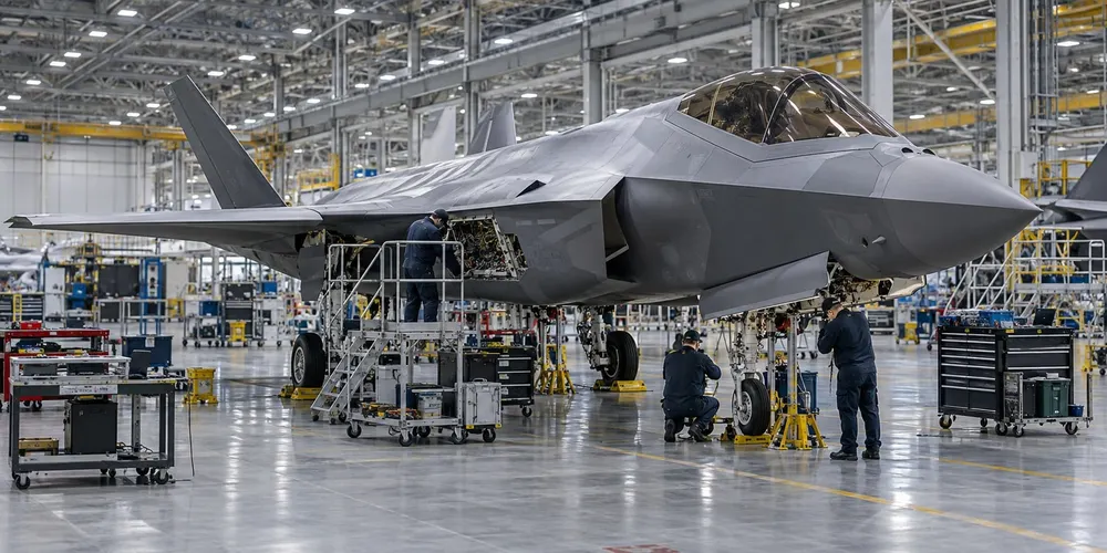 Technicians inspect an unmarked next-generation fighter aircraft inside a modern aerospace hangar.
