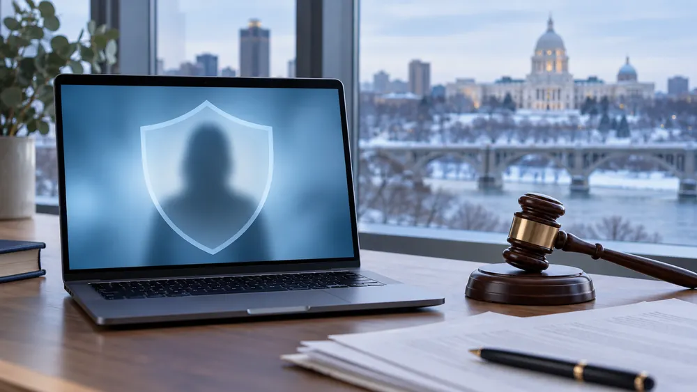 A laptop with an abstract privacy shield beside a judge’s gavel, illustrating Minnesota’s AI image-law dispute.