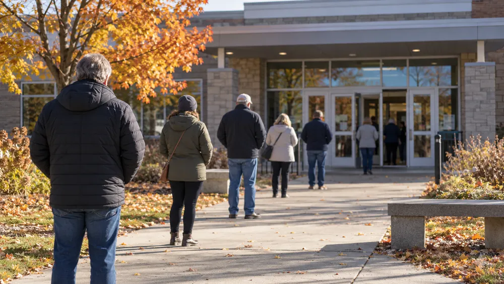 Anonymous election observers and state staff stand outside a generic Minnesota polling place in an illustrative editorial scene.