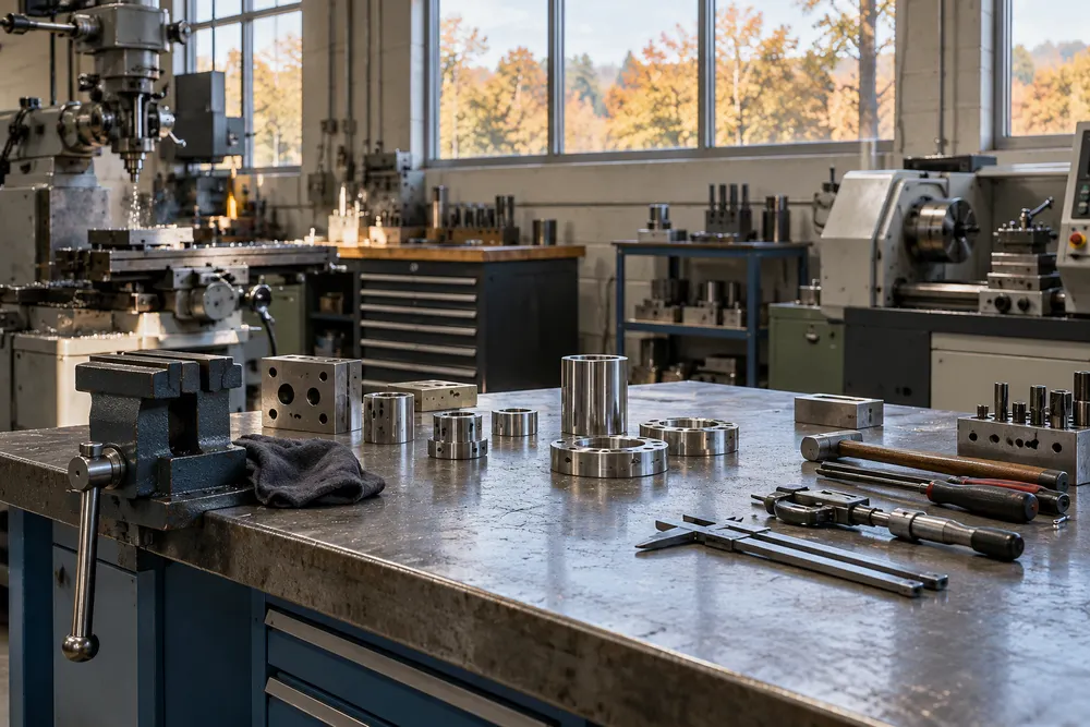 AI-generated illustration of an unoccupied manufacturing workbench in an Upper Midwest industrial setting; not a photograph of a particular Minnesota employer or layoff.